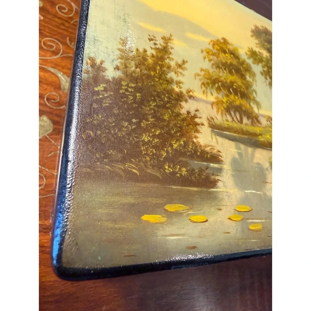 Vintage Lacquerware Box - Hand Painted Landscape‎ Trinket or Jewelry Box